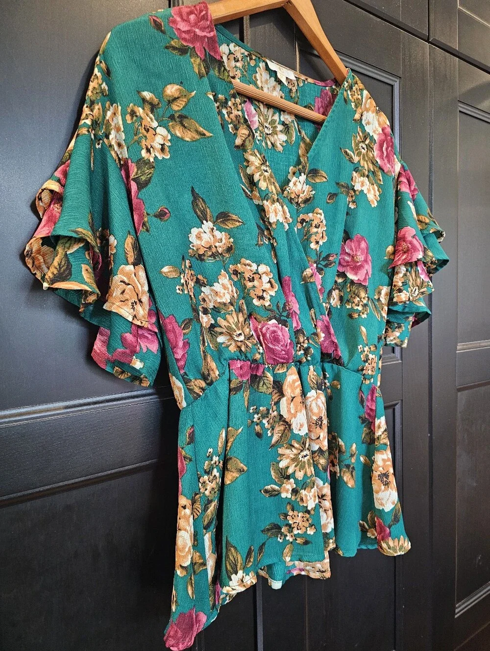 Set Of Two Flowy Floral Women's Tops- Black And Blue Green- Medium